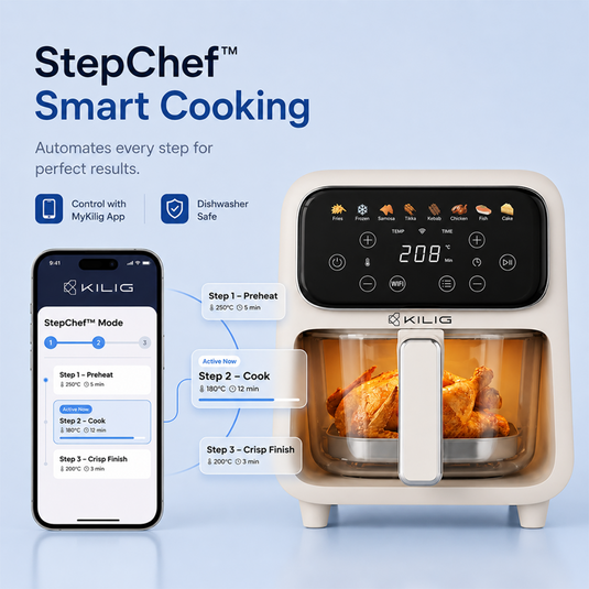 Kilig Nexa Core 4L Air Fryer | Borosilicate Glass Basket | Wi-Fi Enabled Smart Air Fryer | 8 Indian Presets | 1800W Top & Bottom Heating | Exclusive StepChef Feature | Total App Control – Beige