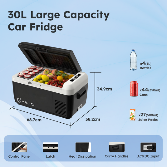 Kilig Subzero 30D Electric Car Fridge Freezer Cooler 12V Car Refrigerator with 30L Capacity Dual Zone 12 Volt Fridge Freezer, Portable Plug in Cooler for Car, Camping, Vehicles, RV, SUV, Travel