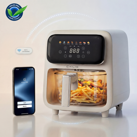 Kilig Nexa Core 4L Air Fryer | Borosilicate Glass Basket | Wi-Fi Enabled Smart Air Fryer | 8 Indian Presets | 1800W Top & Bottom Heating | Exclusive StepChef Feature | Total App Control – Beige