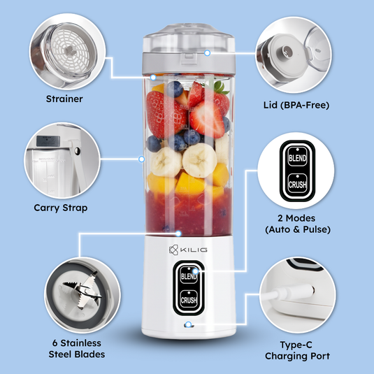 KILIG VORTEX ULTRA Portable Blender BL-03 | 700ml Convertible Jar | Dual Modes (Blend & Crush) | 6 Precision Blades | 360W Powerful Motor | Rechargeable 6000mAh Battery | IPX8 Waterproof | Type-C Fast Charging | White