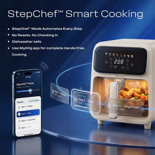 Kilig Nexa Core 4L Air Fryer | Borosilicate Glass Basket | Wi-Fi Enabled Smart Air Fryer | 8 Indian Presets | 1800W Top & Bottom Heating | Exclusive StepChef Feature | Total App Control – Beige