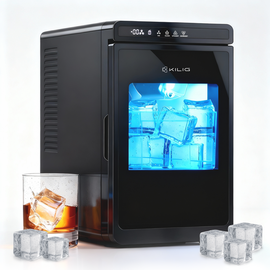 Kilig Q-01 Clear Ice Cube Maker | 3 Large Cubes in 20–25 Mins | 12Kg/24H Portable Countertop Ice Maker Machine with Self-Cleaning, 24H Timer & Large 1.9L Tank for Whiskey, Cocktails – Black