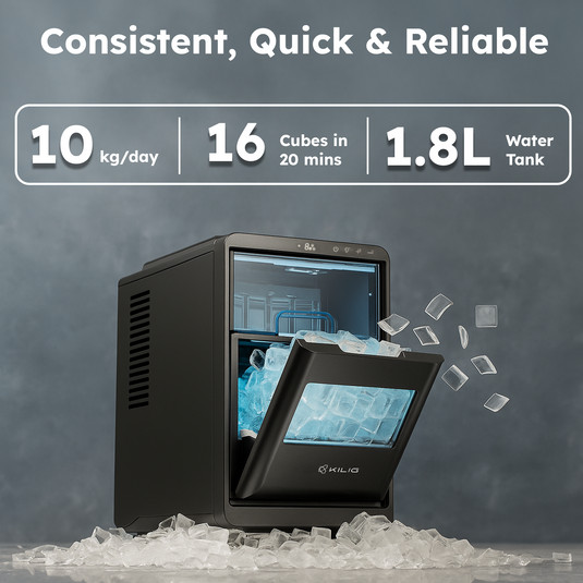 Kilig A-01 Countertop Crescent Ice Maker | 16 Cubes in 12-15 Mins | 10Kg/24 H | Portable Self-Cleaning Ice Cube Machine with Timer | Crystal-Clear Slow-Melting Ice for Home, Office, Bar & Party – Black
