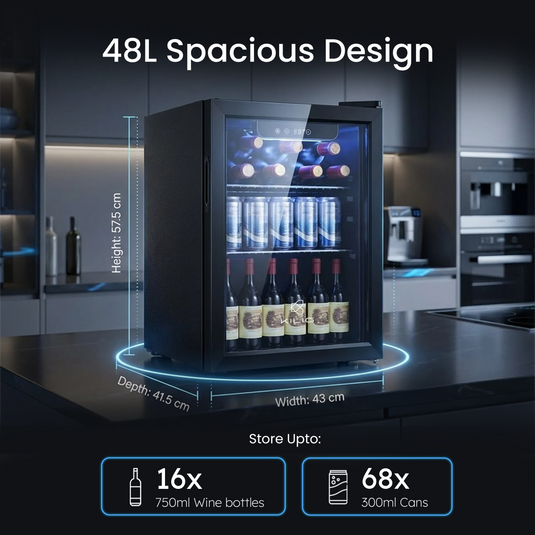 KILIG WC-48 Countertop Wine Cooler, 48 Litre, 4°C-16°C Temp Range, 16 Bottles or 68 Cans, Double Pane Glass Door, 2 Removable Wire Shelves, Black