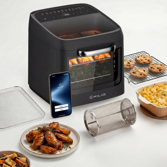 KILIG Nexa Edge 12L Air Fryer Oven | 6-in-1 Digital Air Fryer | 1800W | 12 Indian Presets | App Control | Bake, Grill, Roast, Dehydrate & Rotisserie | Dual Viewing | Teflon-Free Black