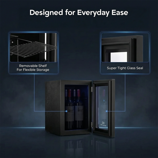 KILIG WC-18 Countertop Wine Cooler, 18L Capacity, 4 Bottles or 24 Cans, 4°C-16°C Temp Range, Double Pane Glass Door, Removable Shelf, Black