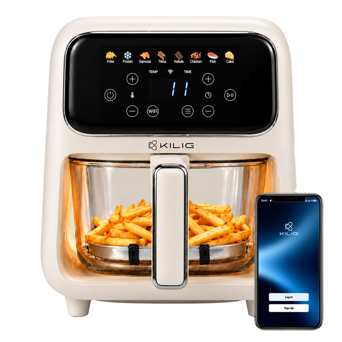 KILIG NEXA Core Glass Air Fryer with MyKilig app on a phone