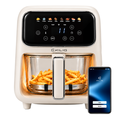 KILIG NEXA Core Glass Air Fryer with MyKilig app on a phone